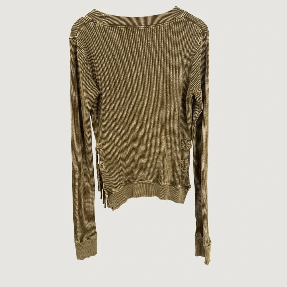 Free People FP One Thermal Top Size XS Olive Green Side Tie Fringe Waffle Knit